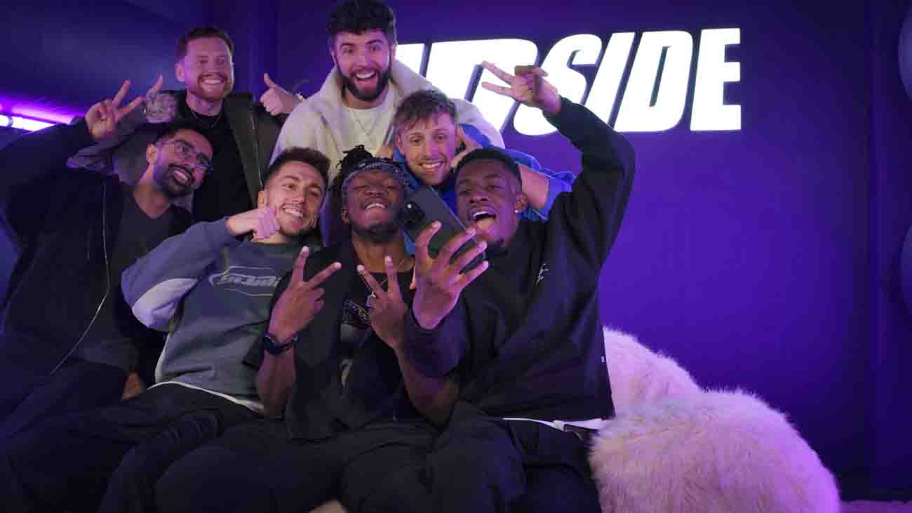 Inside (UK): Season 2. (L to R) Vikram Barn (Vikkstar123), Ethan Payne (Behzinga), Simon Minter (Minter), Olajide Olatunji (KSI), Joshua Bradley (Zerkaa), Harry Lewis (Wroetoshaw), Tobit Brown (Tobjizzle), in Adolescence.