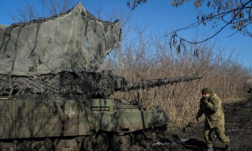 Ukrainian servicemen operate a Leopard 1A5 tank in Donetsk region