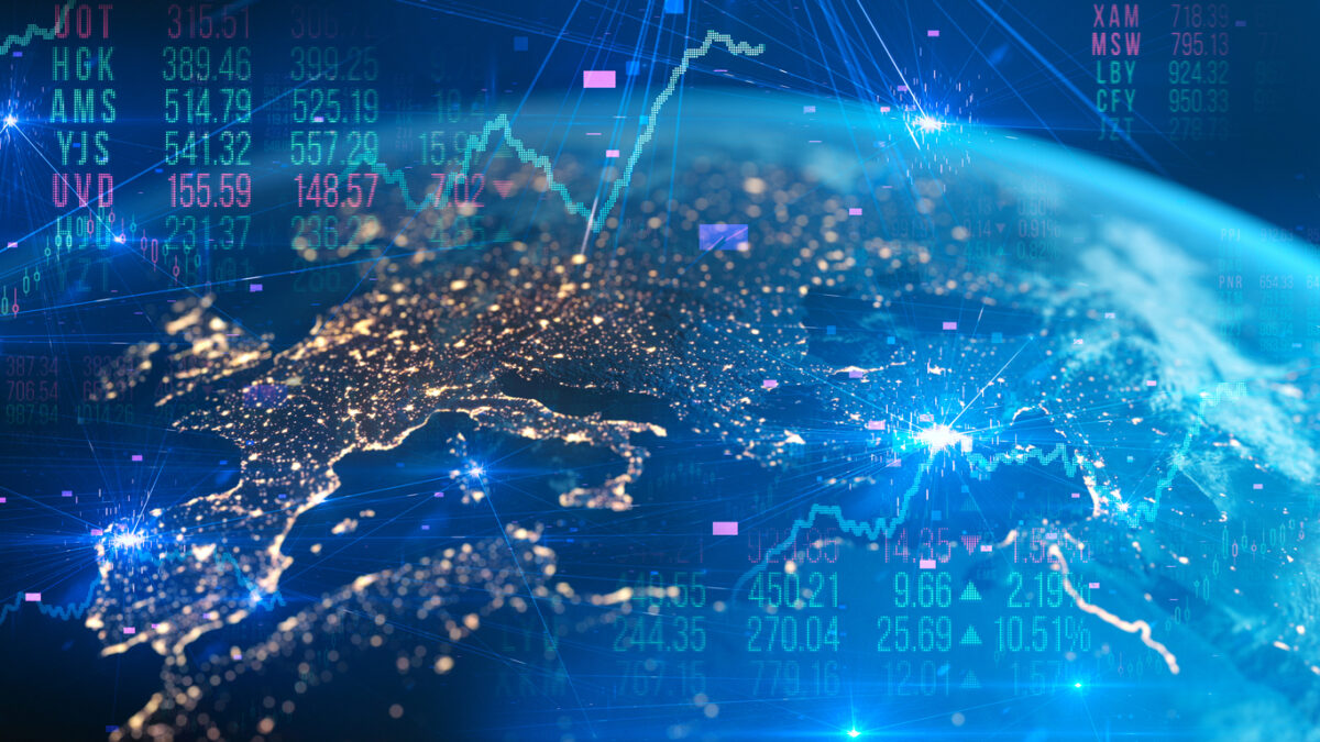 Europe seen from space, combined with different financial charts