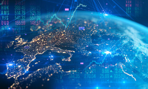 Europe seen from space, combined with different financial charts