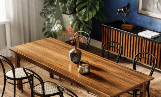 Wooden dining table with six chairs. 3D render of an elegant dining table in a modern home.