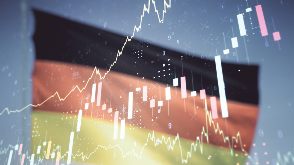 Double exposure of abstract creative financial chart hologram on German flag