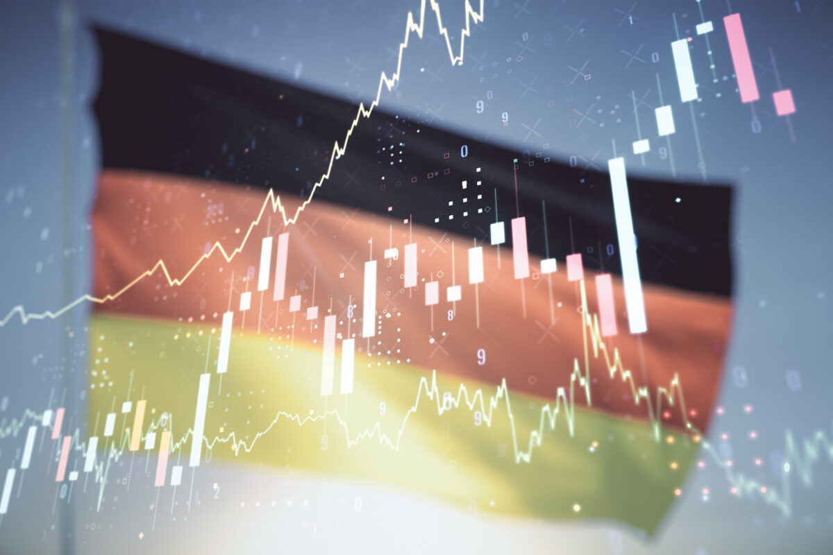 Double exposure of abstract creative financial chart hologram on German flag