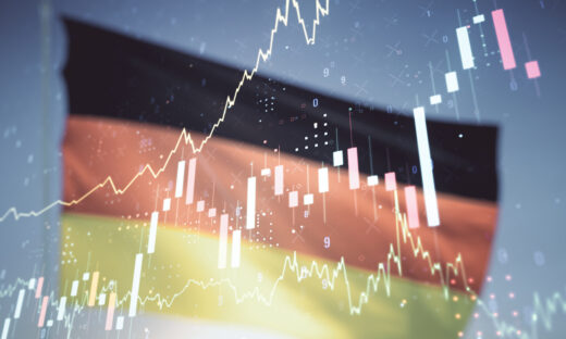 Double exposure of abstract creative financial chart hologram on German flag