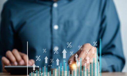 Stacking money coins with virtual percentage icons