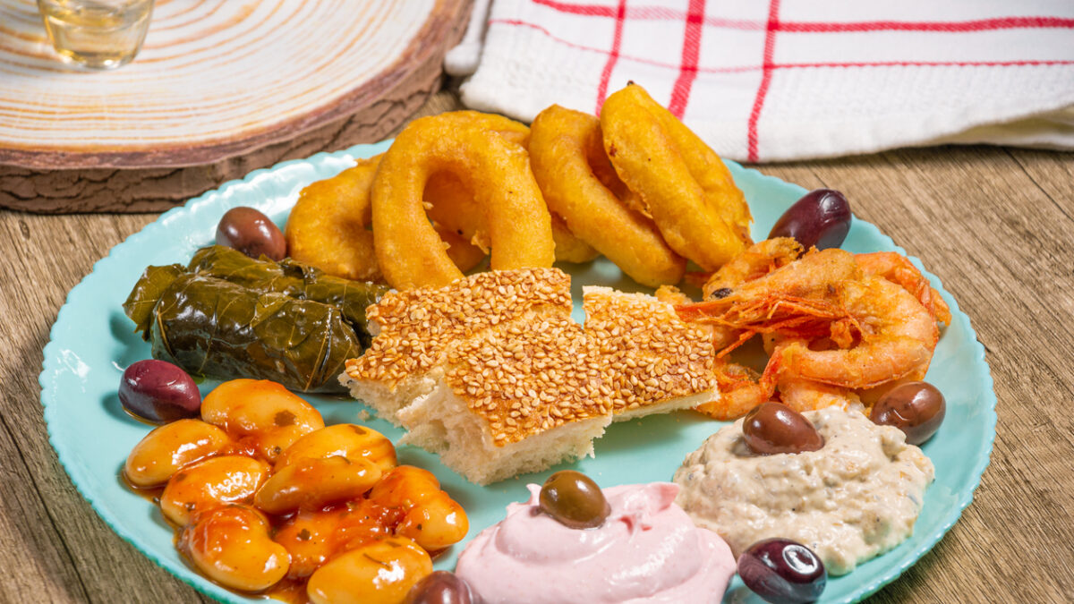 Greek traditional fasting food .Olives,beans,seafoods,traditional salads and bread lagana