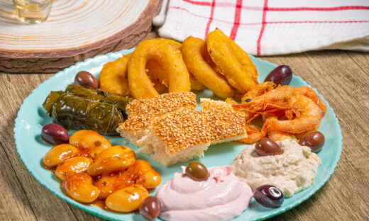 Greek traditional fasting food .Olives,beans,seafoods,traditional salads and bread lagana