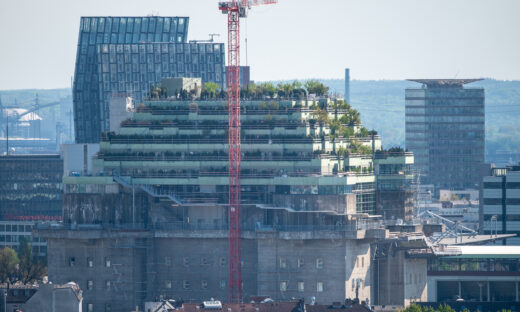 More than 4000 trees are planted on top of a world war 2 bunker in Hamburg, Germany. On May 15th 2023 the green roof project is still under construction..