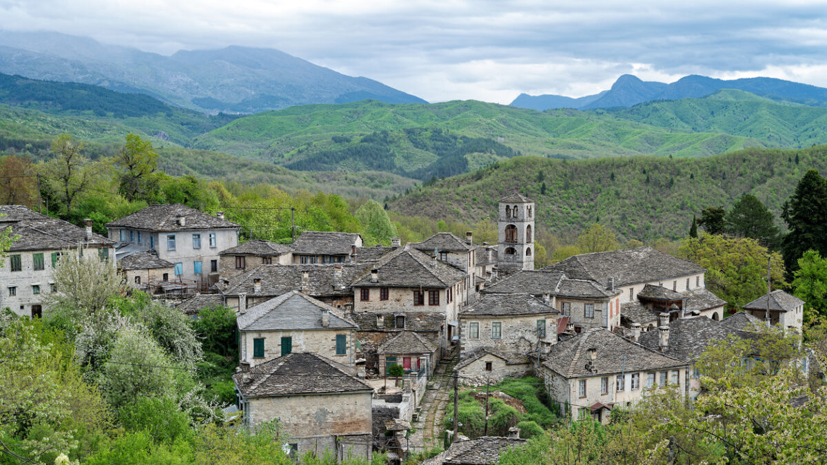 View of the traditional village of Dilofo in Zagori of Epirus, Greece in Spring