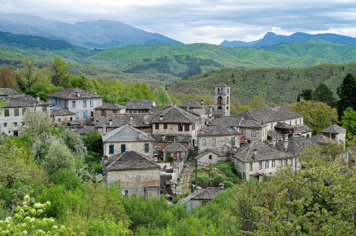 View of the traditional village of Dilofo in Zagori of Epirus, Greece in Spring