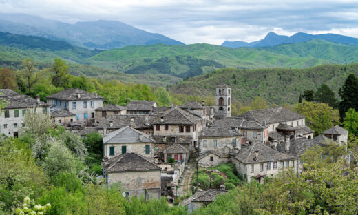 View of the traditional village of Dilofo in Zagori of Epirus, Greece in Spring