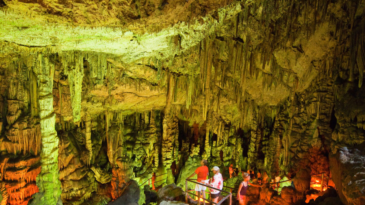 Crete, Greece - July 20, 2014: Cave of Zeus (Psychro Cave) in the Lasithi district on Crete island, tourists discover the cave.