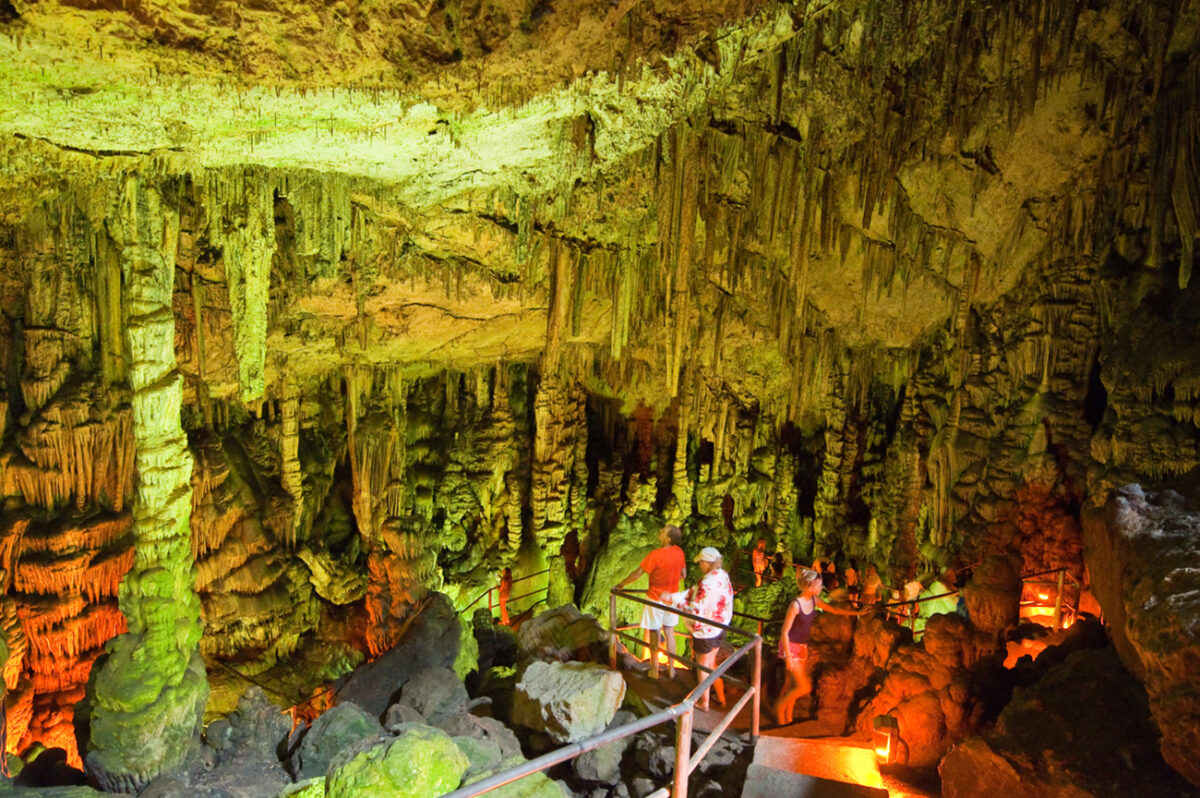 Crete, Greece - July 20, 2014: Cave of Zeus (Psychro Cave) in the Lasithi district on Crete island, tourists discover the cave.