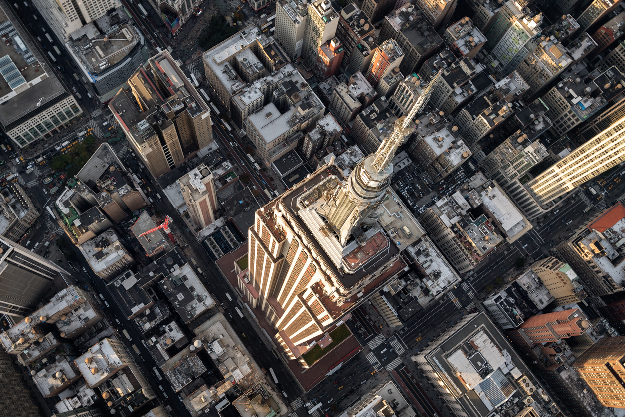 Helicopter point of view of Empire State Building in New York with many details visible in the image