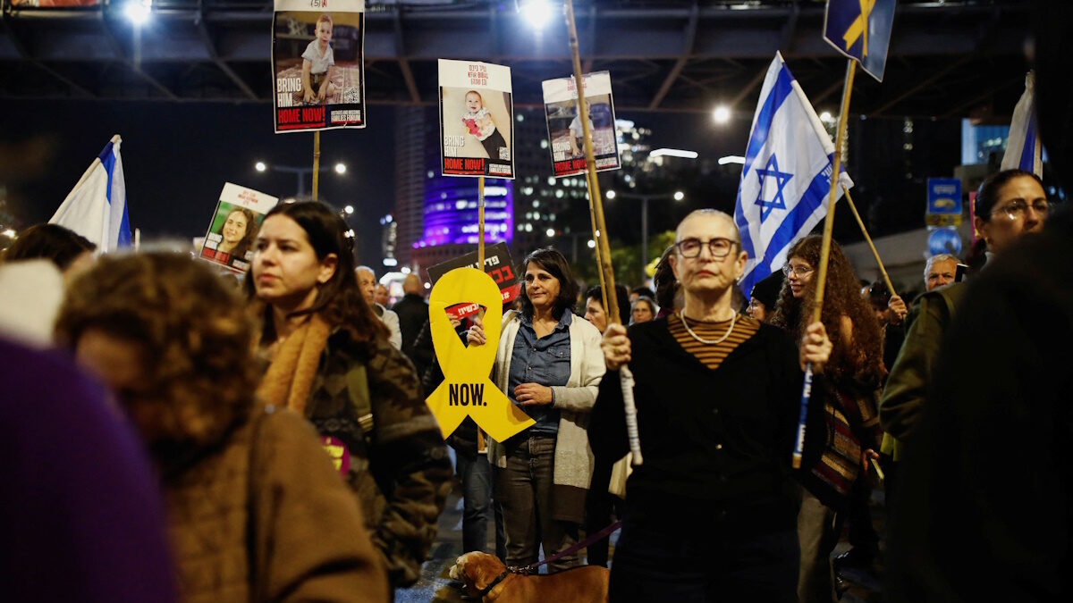 Family and supporters of hostages protest to mark the 500 days since October 7, 2023 when Hamas attacked Israel and took hostages, in Tel Aviv, Israel, February 17, 2025.