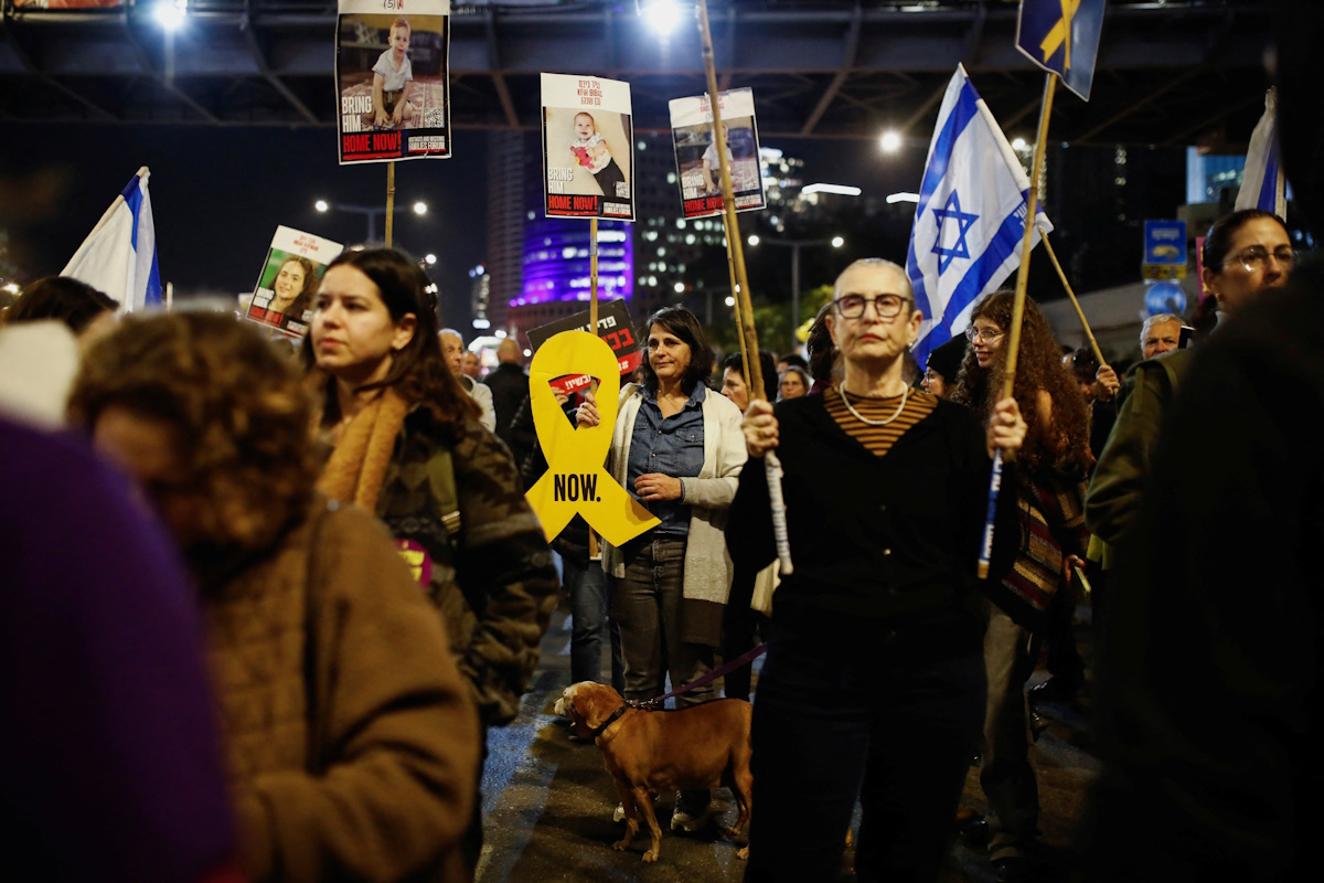 Family and supporters of hostages protest to mark the 500 days since October 7, 2023 when Hamas attacked Israel and took hostages, in Tel Aviv, Israel, February 17, 2025.