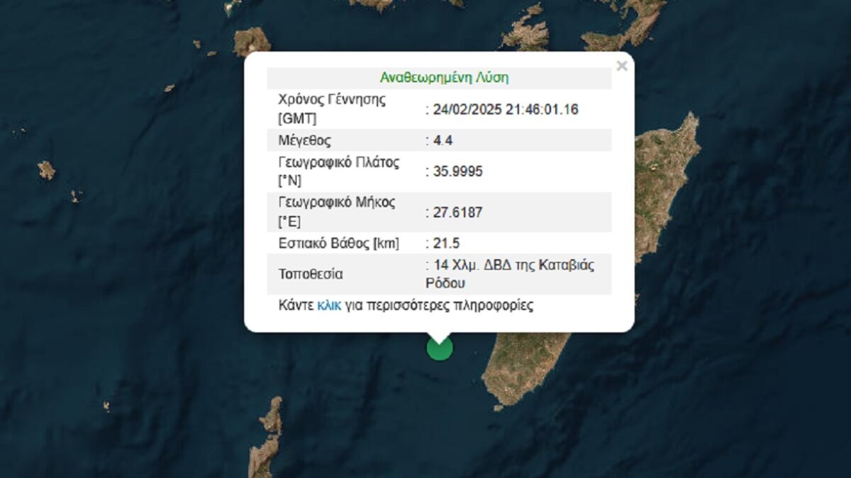 Σεισμός 4,4 Ρίχτερ στη Ρόδο σε χαμηλό εστιακό βάθος