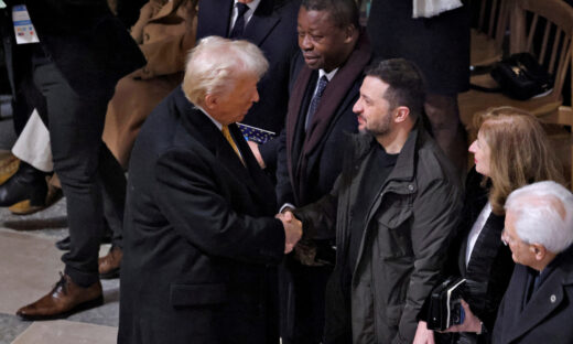 FILE PHOTO: U.S. President-elect Donald Trump and Ukrainian President Volodymyr Zelenskiy shake hands inside the Notre-Dame de Paris Cathedral ahead of a ceremony to mark its re-opening following the 2019 fire, in Paris, France, December 7, 2024. LUDOVIC MARIN/Pool via REUTERS/File Photo