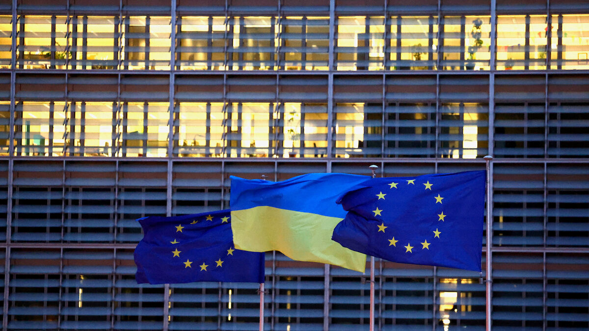 European Union flags and a Ukrainian flag