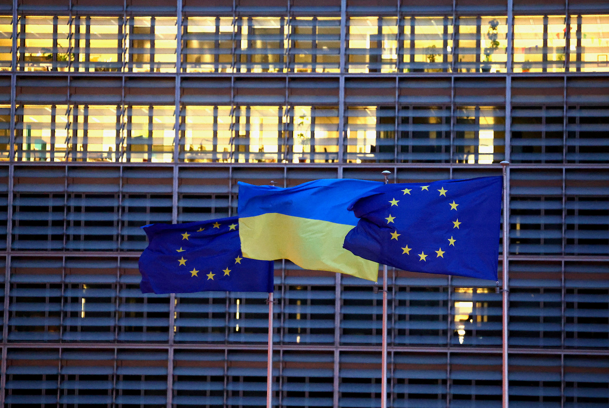 European Union flags and a Ukrainian flag