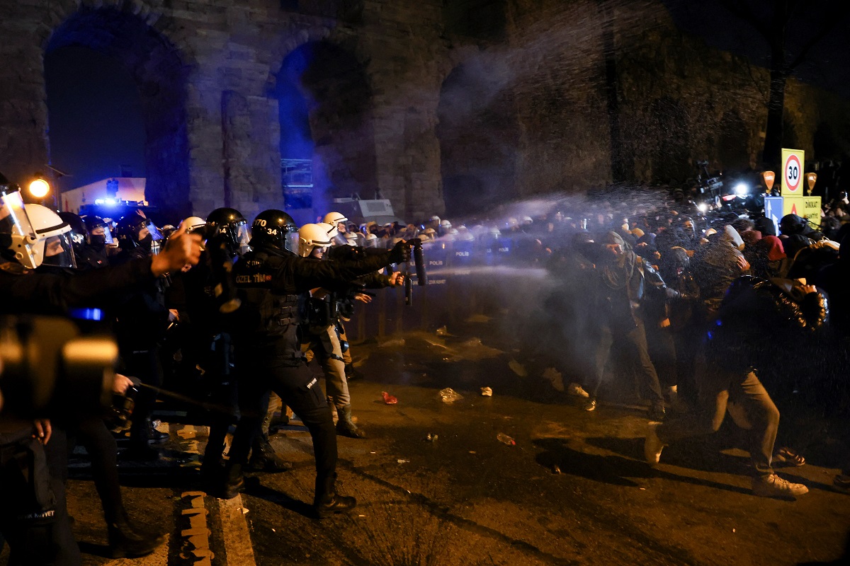 Police officers spray tear gas at demonstrators as students from several universities take part in a protest against the detention of Istanbul Mayor Ekrem Imamoglu, in Istanbul, Turkey, March 21, 2025. REUTERS