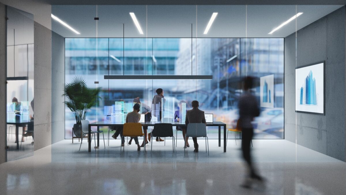 Group of people working in a modern board room