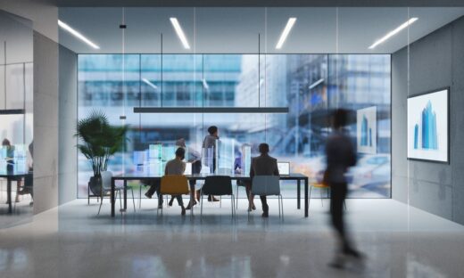 Group of people working in a modern board room