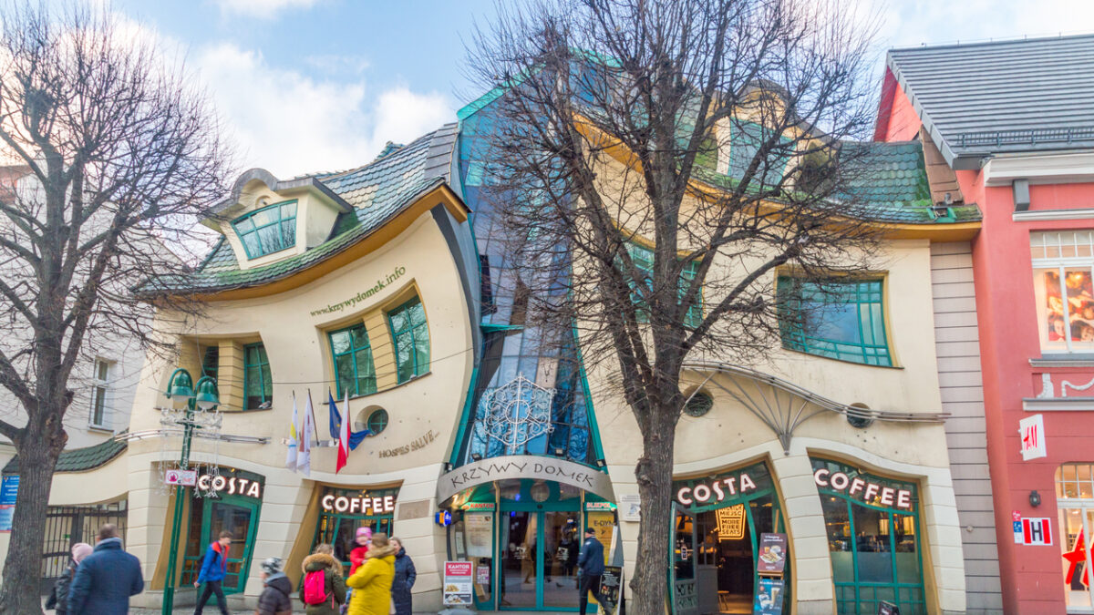 Sopot, Poland - January 16, 2020: Famous building Crooked House in Sopot at Heroes of Monte Cassino street.