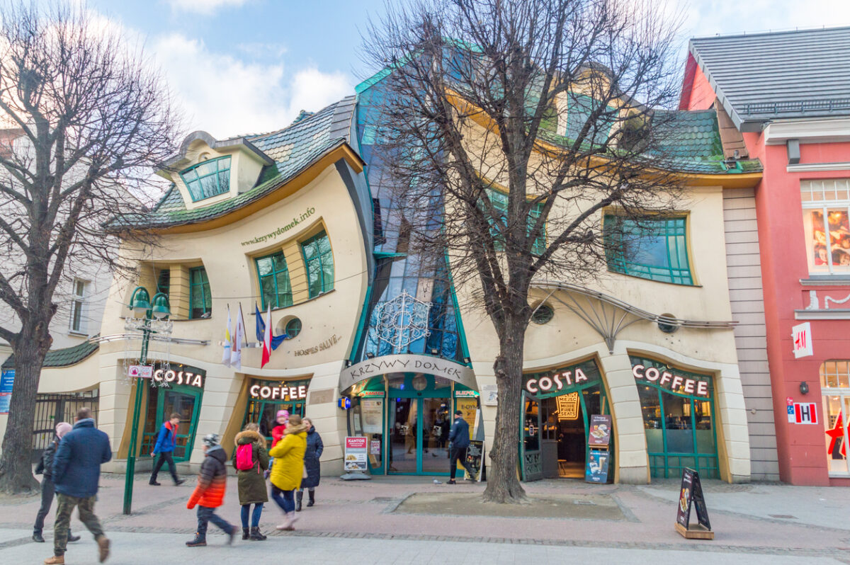 Sopot, Poland - January 16, 2020: Famous building Crooked House in Sopot at Heroes of Monte Cassino street.