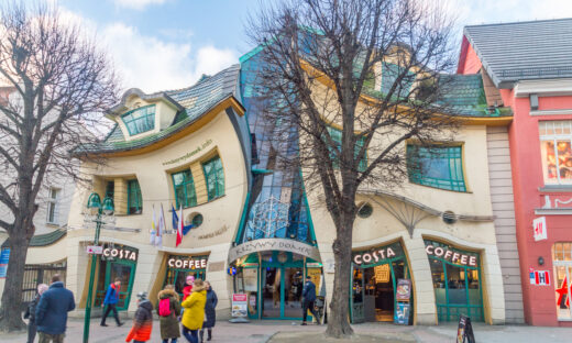 Sopot, Poland - January 16, 2020: Famous building Crooked House in Sopot at Heroes of Monte Cassino street.