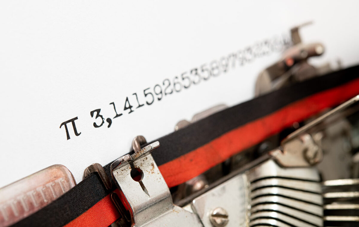 Pi irrational number endless defocused view on paper typewriter, Pi day symbol