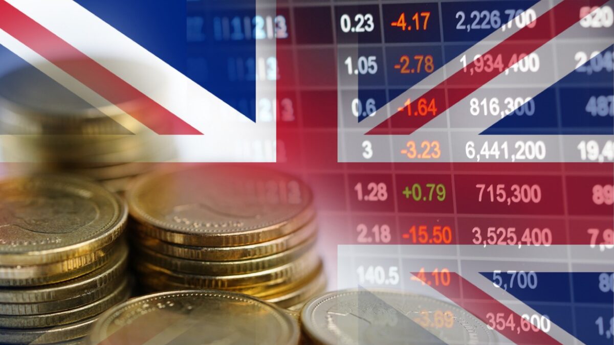 Stock market investment trading financial, coin and United Kingdom England flag