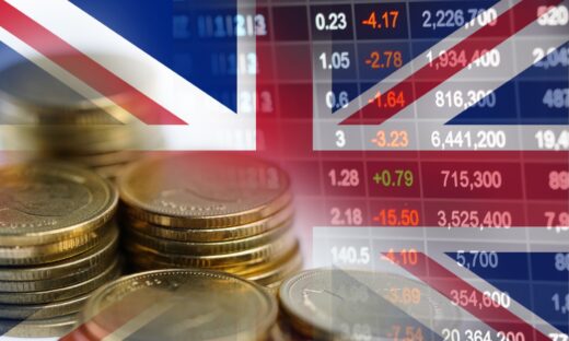 Stock market investment trading financial, coin and United Kingdom England flag