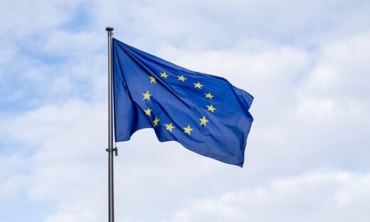 Panoramic view of a waving EU flag