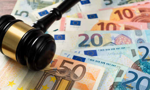 euro banknotes and gavel