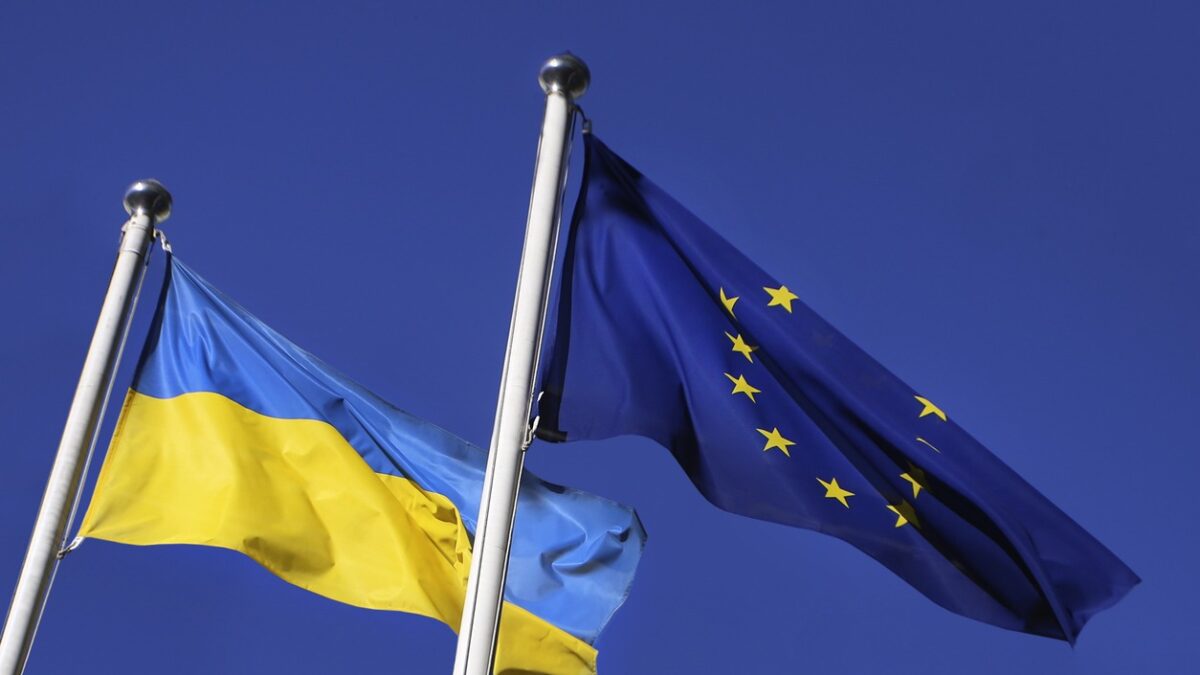 Flags of Ukraine and European Union EU