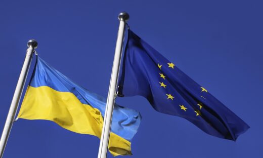 Flags of Ukraine and European Union EU