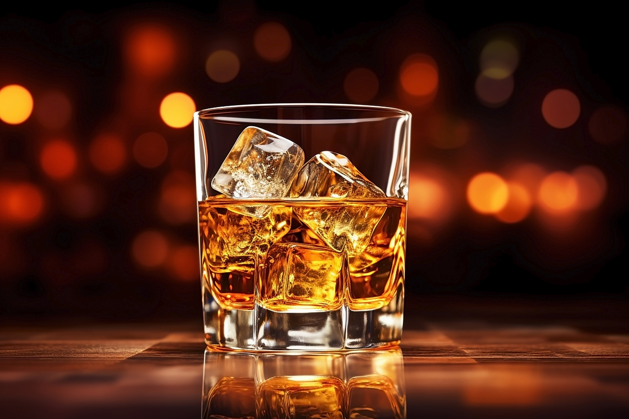 Whiskey with ice cubes in glass on background of lights.