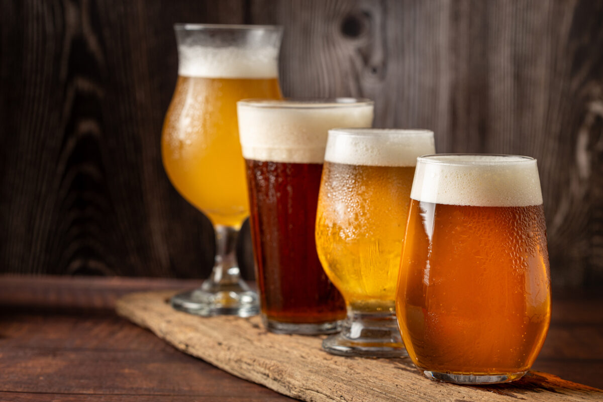 Craft beer. Different glasses of beer on the table.