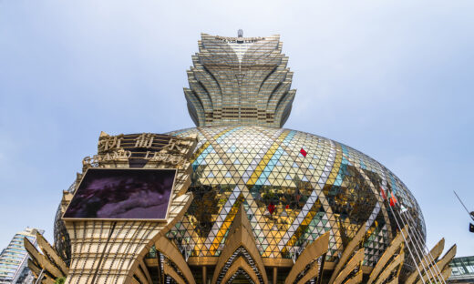 Macau- September 20, 2019: Night view of the Casino Lisboa building, it is one of the most famous hotel casinos in Macau, China.