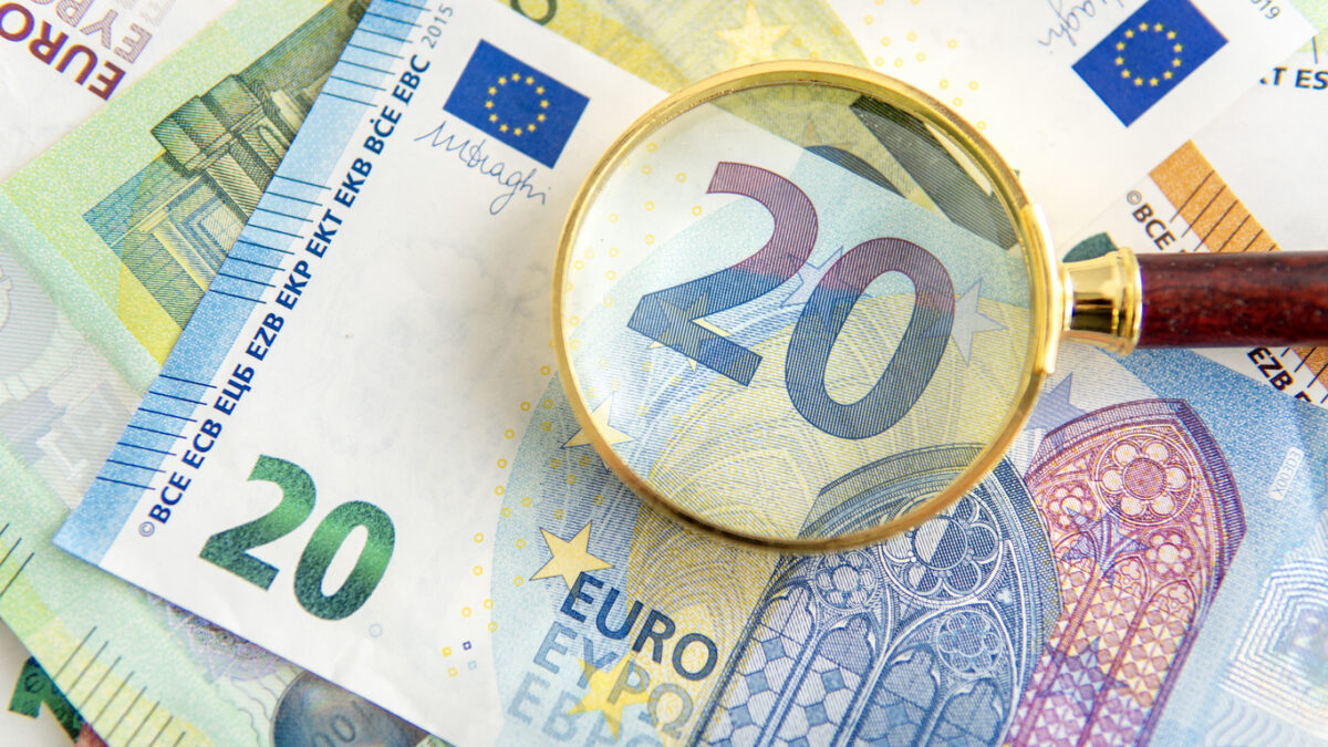 Magnifying glass on 20 euro banknote