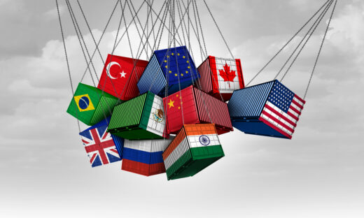 USA versus China India Canada and European union as American tariffs with opposing cargo freight containers in conflict as an economic dispute over import and exports