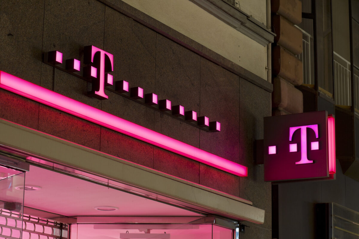 Red Illuminated sign of Telekom Shop