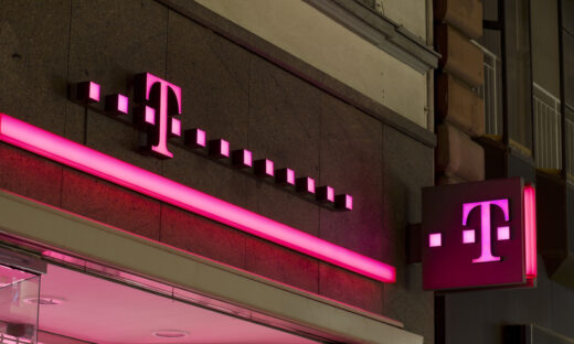 Red Illuminated sign of Telekom Shop