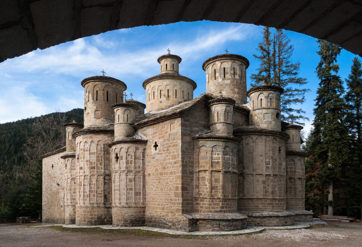 Doliana, Greece- December 18, 2011: The famous Church of Holy Cross with its 13 domes in Thessaly