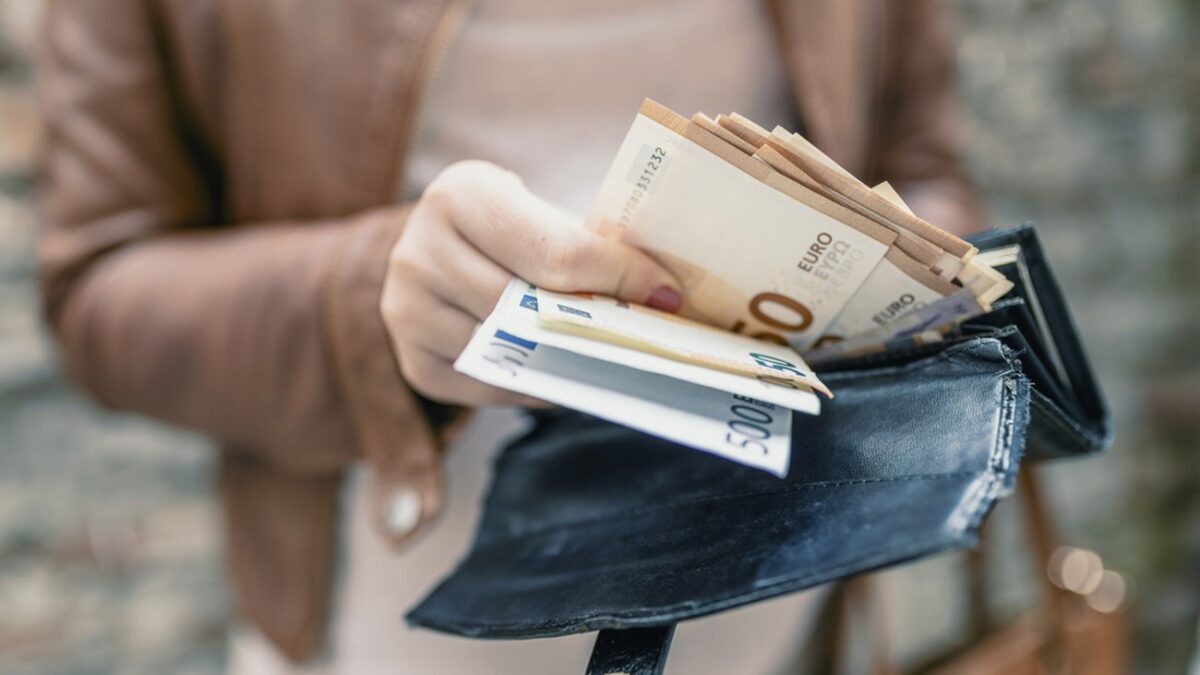 Woman holding wallet with euro money