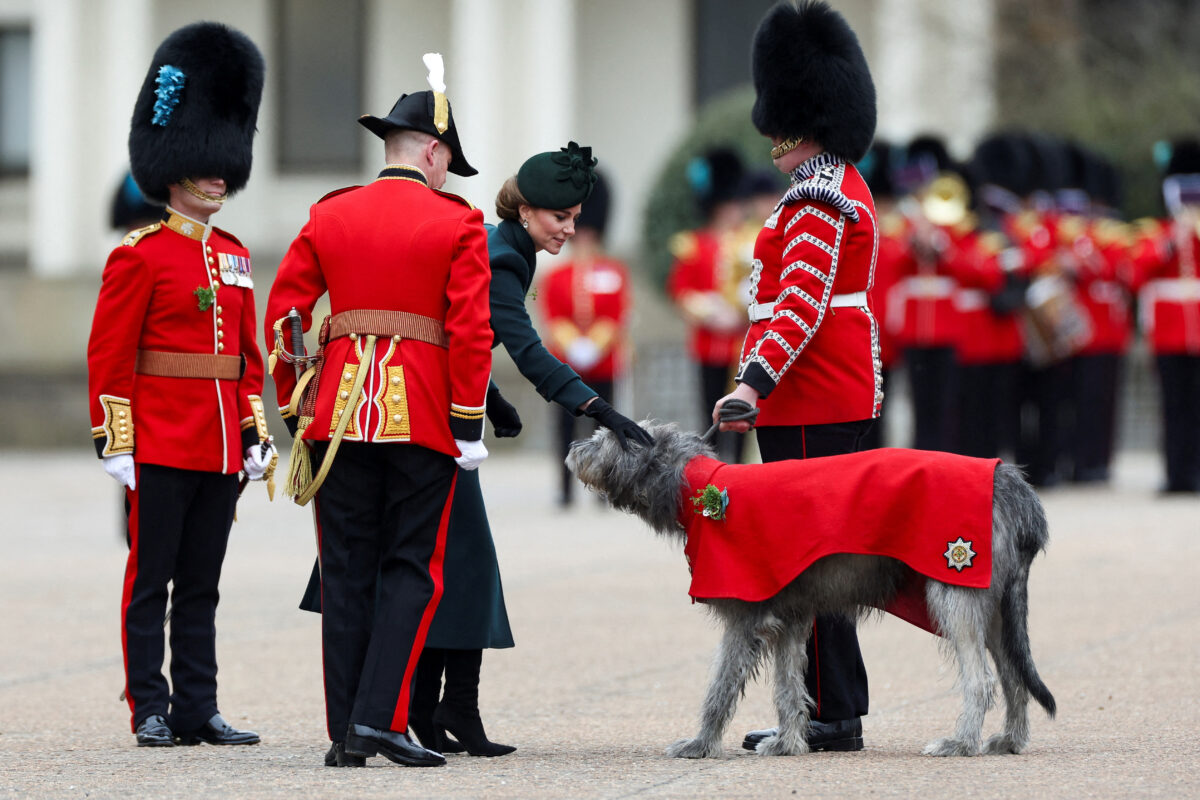 Britain's Catherine, Princess of Wales, pets Irish Wolfhound regimental mascot Turlough Mor, also known as Seamus, during St. Patrick's Day Parade at Wellington Barracks in London, Britain, March 17, 2025. REUTERS