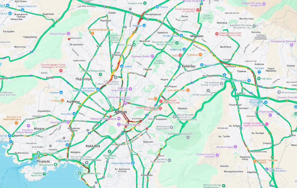 Χάρτης με την κίνηση στους δρόμους της Αττικής