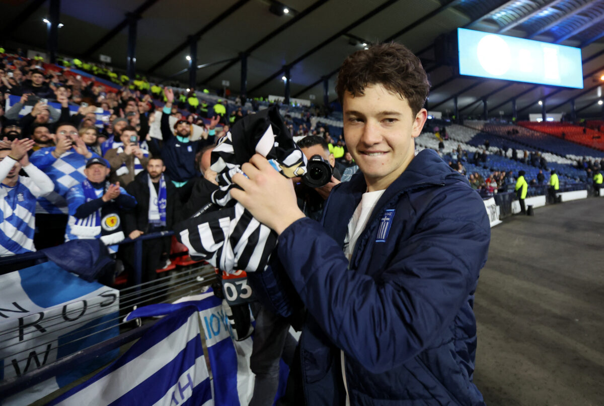 Soccer Football - Nations League - Play-offs - Second Leg - Scotland v Greece - Hampden Park, Glasgow, Scotland, Britain - March 23, 2025 Greece's Konstantinos Karetsas celebrates after the match REUTERS